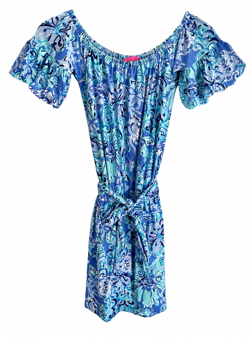 Lilly Pulitzer Blue Off Shoulder Skort Romper XXS Puff Sleeve Belted